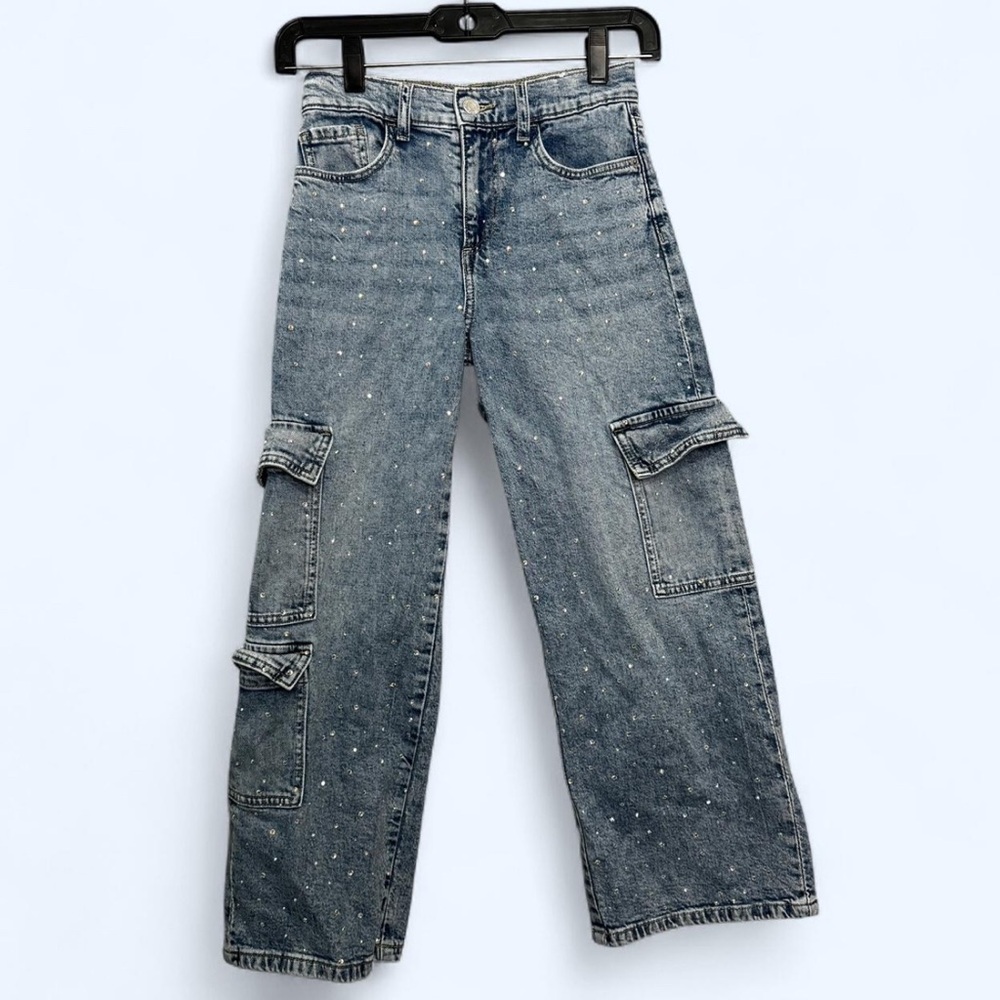 H&M Kids Blue Denim Rhinestone Cargo Jeans Wide Leg Sz 10 Y2K Loose Fit Street